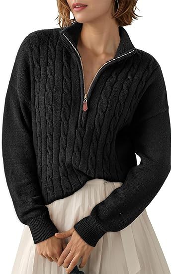 Chunky Knit Twisted Sweater with High Neck and Half Zip for Women