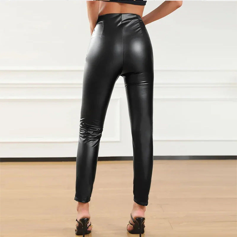 High-Waisted Slim Fit Faux Leather Pants with Zipper for Women