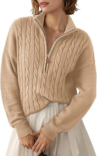 Chunky Knit Twisted Sweater with High Neck and Half Zip for Women