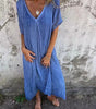 Long cotton and linen dress with V-neck for women