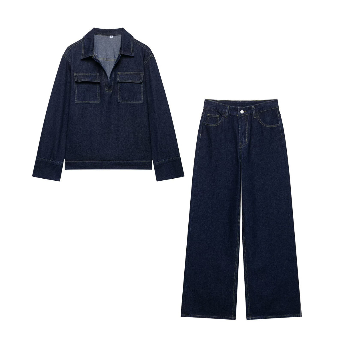 Wide and Long Denim Pants with Exposed Seams for Women