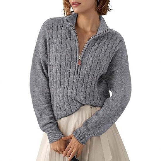 Chunky Knit Twisted Sweater with High Neck and Half Zip for Women