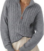 Chunky Knit Twisted Sweater with High Neck and Half Zip for Women