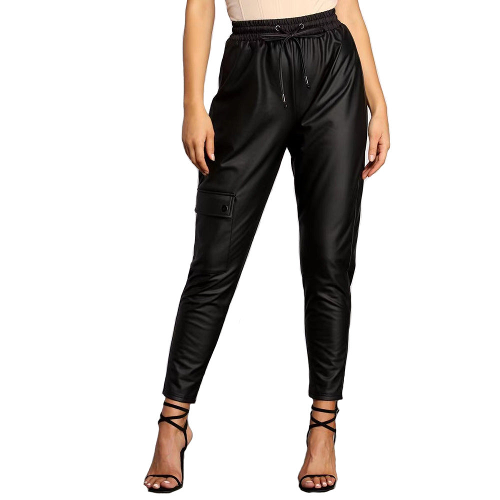 Elastic Waist Faux Leather Cargo Pants for Women