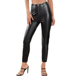 High-Waisted Slim Fit Faux Leather Pants with Zipper for Women