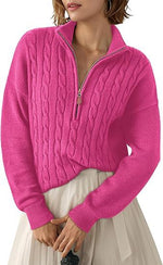 Chunky Knit Twisted Sweater with High Neck and Half Zip for Women
