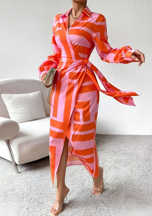 Long Wrap Dress with Geometric Print for Women