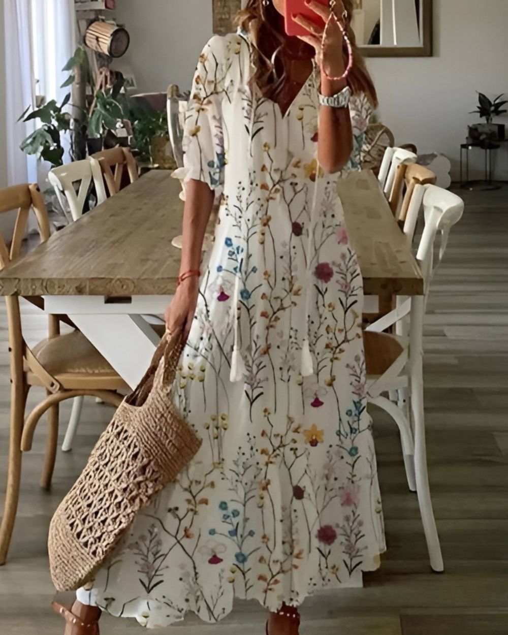 Printed long dress with V-neck for women