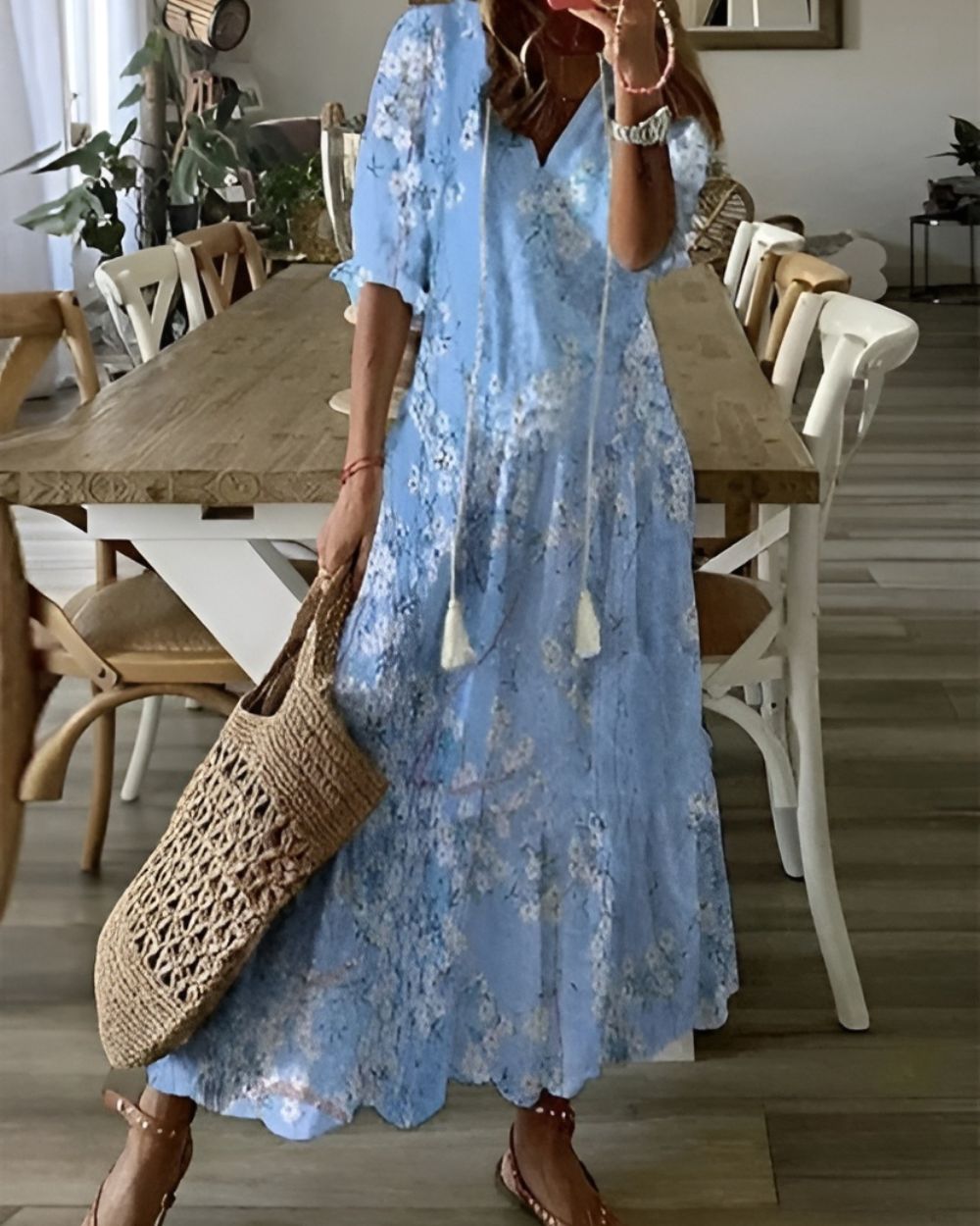 Printed long dress with V-neck for women