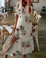 Printed long dress with V-neck for women