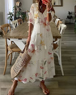 Printed long dress with V-neck for women