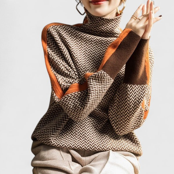 Oversized Two-Tone Jacquard Turtleneck Sweater for Women