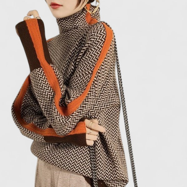 Oversized Two-Tone Jacquard Turtleneck Sweater for Women