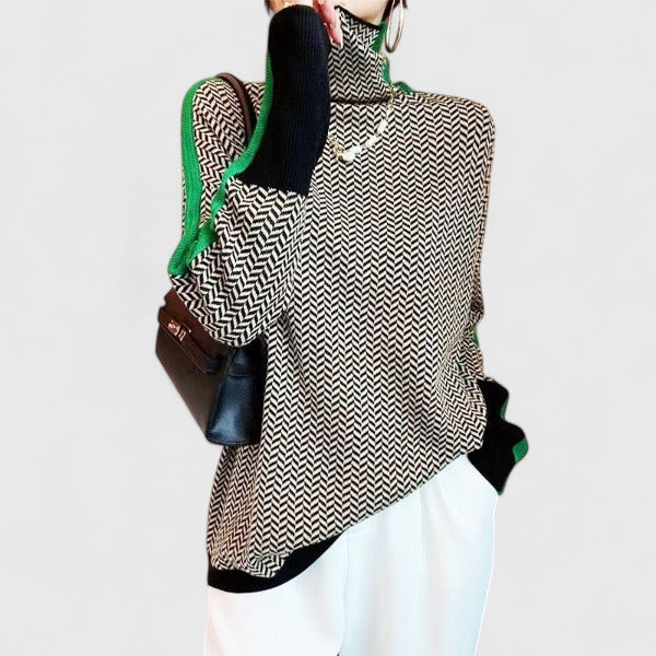 Oversized Two-Tone Jacquard Turtleneck Sweater for Women