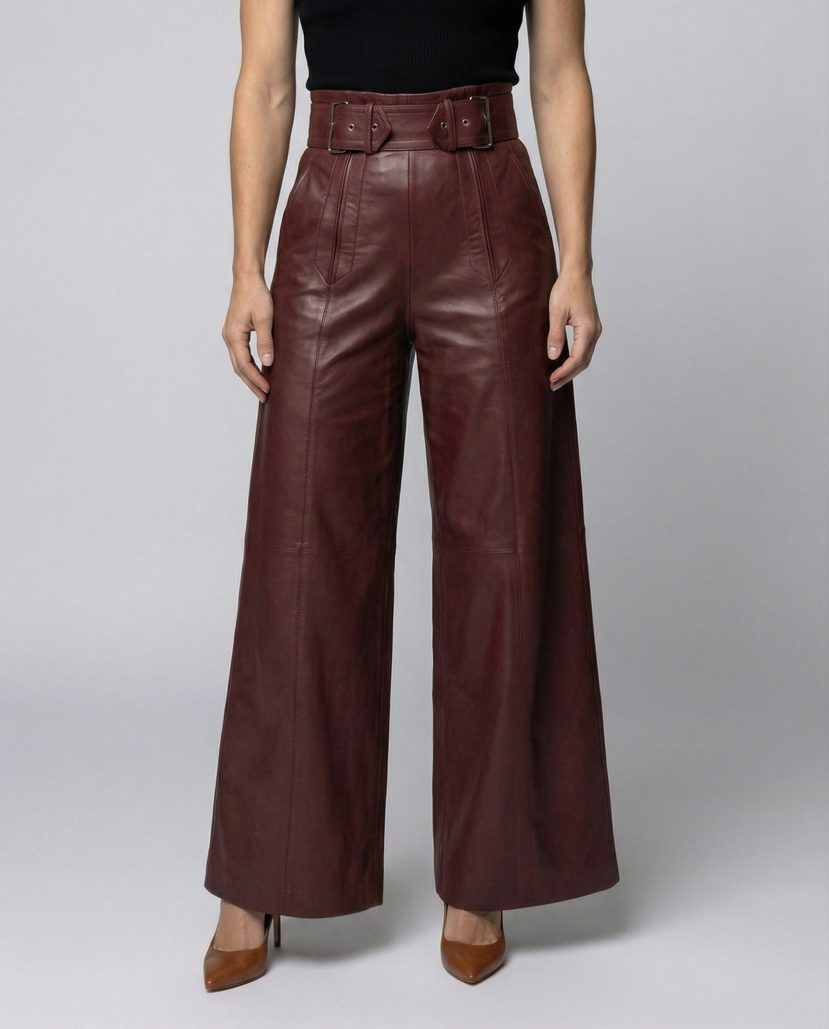 High-Waisted Wide-Leg Faux Leather Pants with Belt for Women