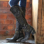 Thick-Heeled Studded Cowboy Boots for Women