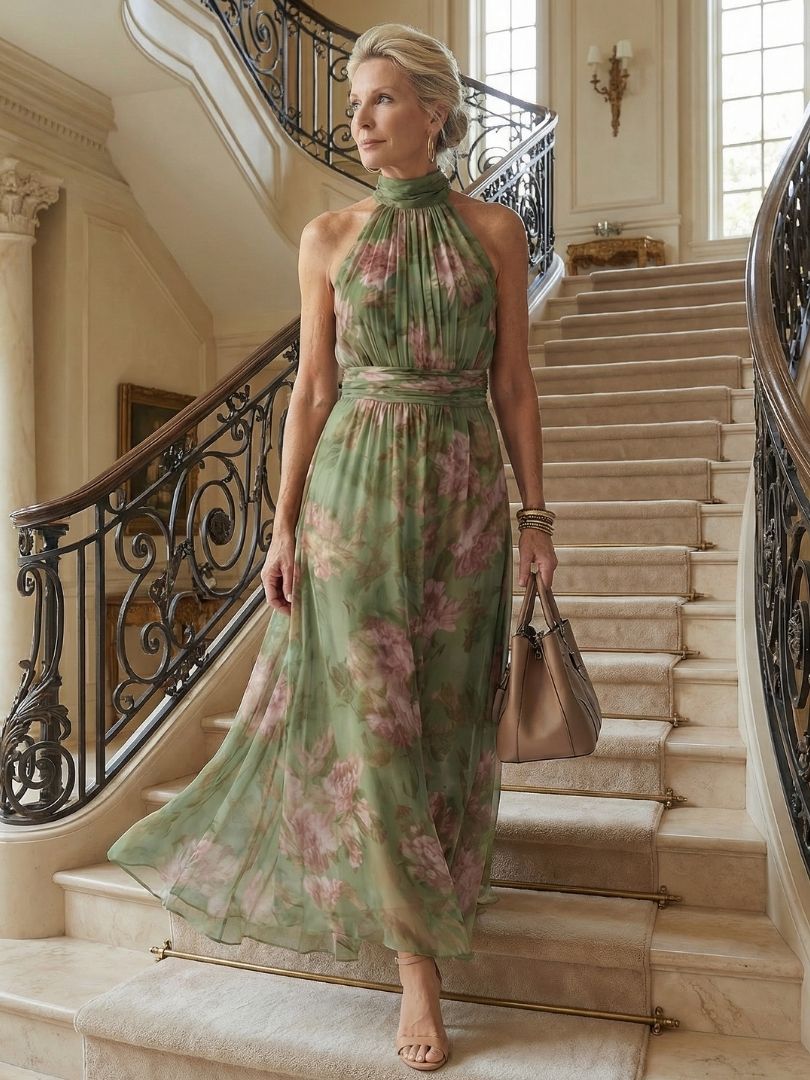 Midi Dress with Fitted Waist and Halter Neck for Women
