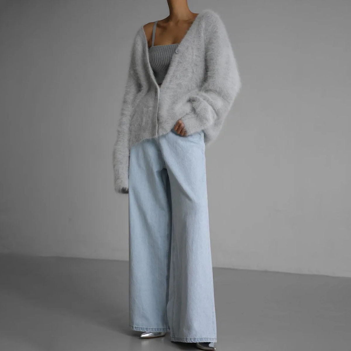 Oversized V-Neck Cardigan with Long Sleeves for Women