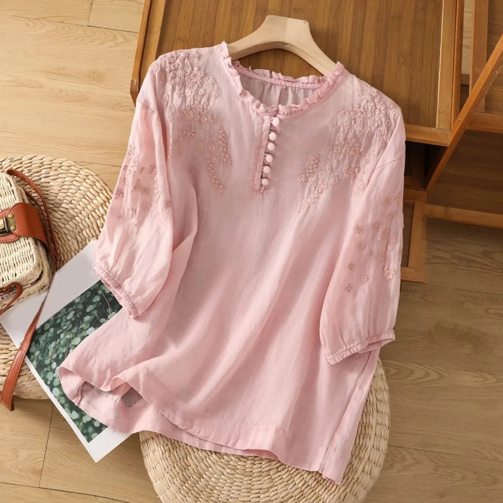 Embroidered Blouse with Mid-Length Sleeves for Women