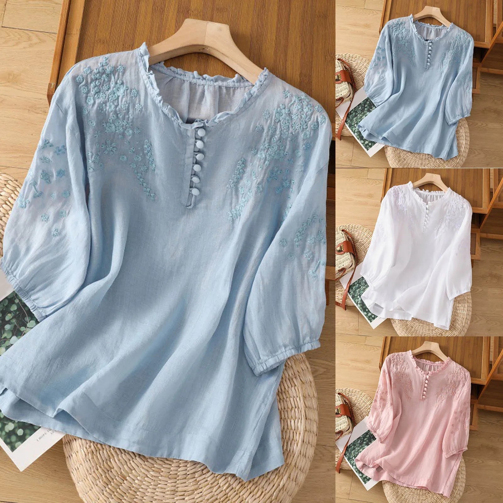 Embroidered Blouse with Mid-Length Sleeves for Women