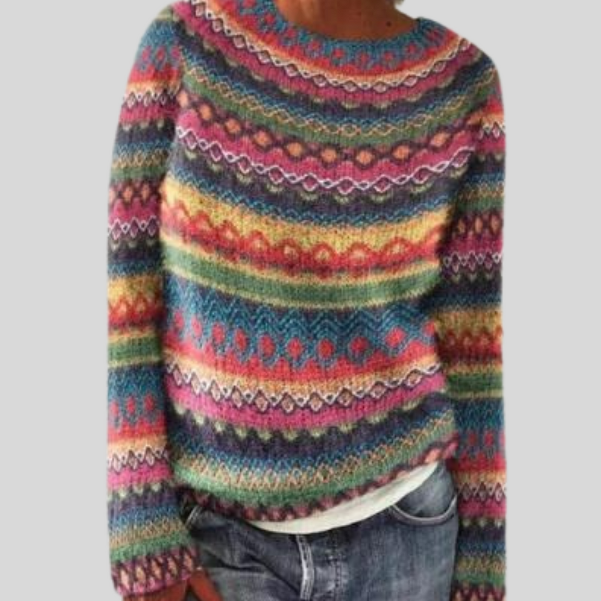 Multicolor Jacquard Pattern Sweater with Round Neck for Women