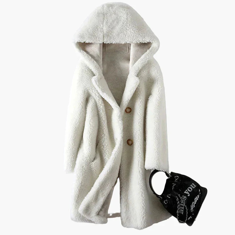 Mid-Length Wool Coat with Hood for Women