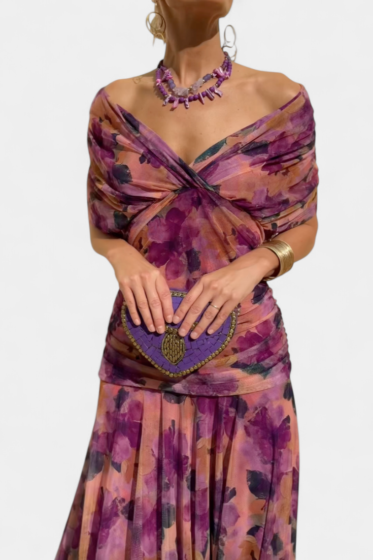Long floral print dress with V-neck for women