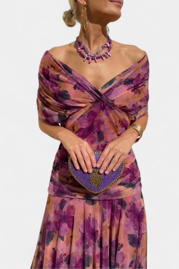 Long floral print dress with V-neck for women