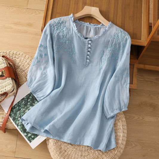 Embroidered Blouse with Mid-Length Sleeves for Women
