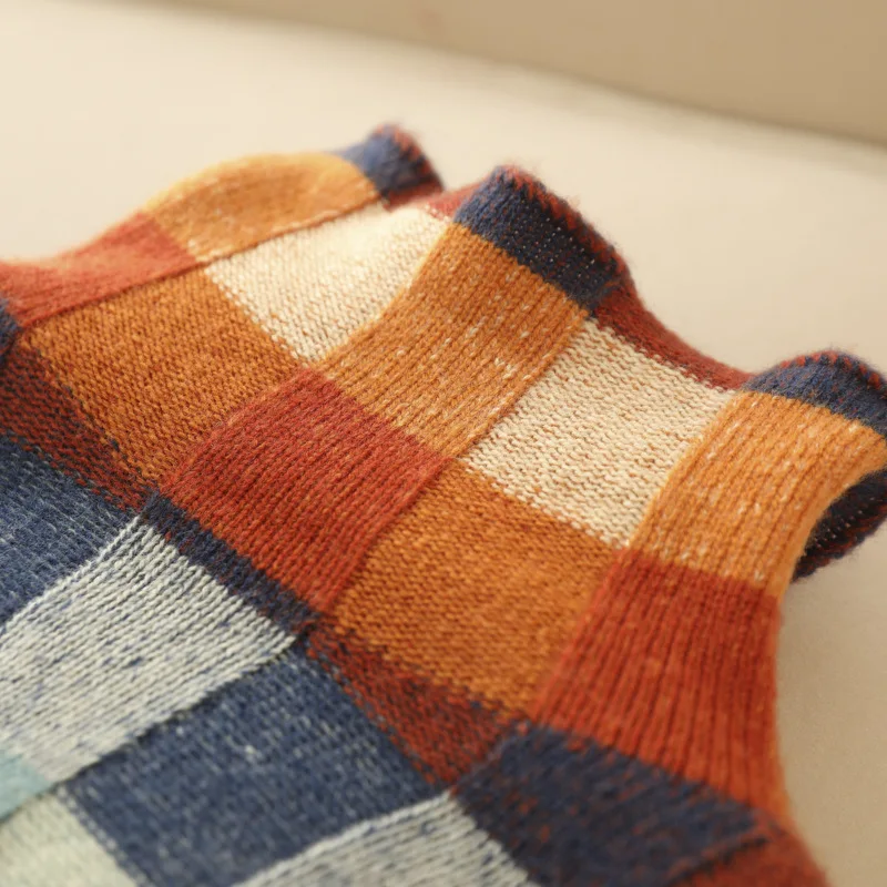 Oversized Checkered Sweater with High Neck for Women