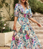 Printed long dress with V-neck for women