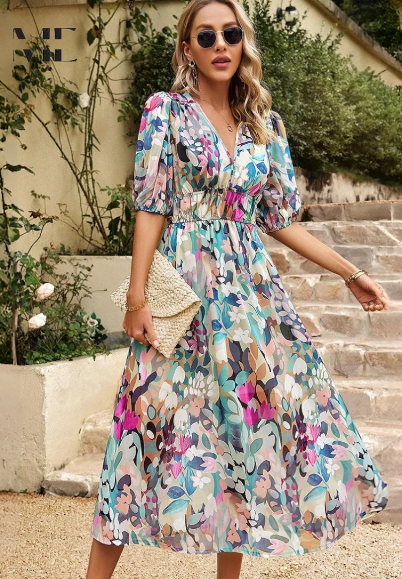Printed long dress with V-neck for women