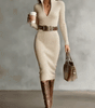 Fitted Midi Dress with Long Sleeves and V-Neck in Ribbed Knit