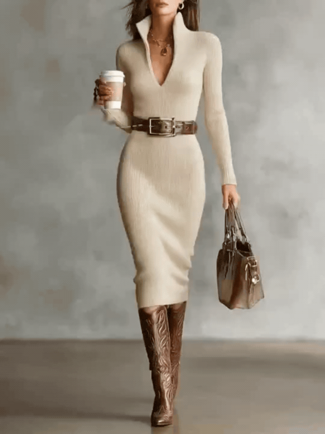 Fitted Midi Dress with Long Sleeves and V-Neck in Ribbed Knit