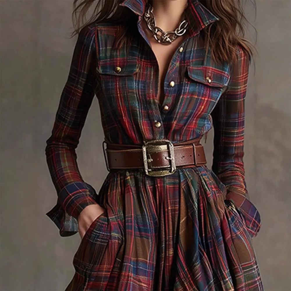 Vintage Long Plaid Maxi Dress for Women