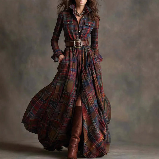 Vintage Long Plaid Maxi Dress for Women