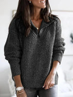 Knitted Sweater with High Collar and Zipper for Women