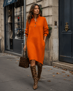 Straight Knit Sweater Dress with Long Sleeves and High Neck for Women