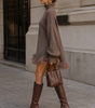 Loose Short Long-Sleeve Sweater Dress with Tulle Ruffles for Women