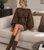 Belted Short Knit Sweater Dress with Puff Sleeves for Women