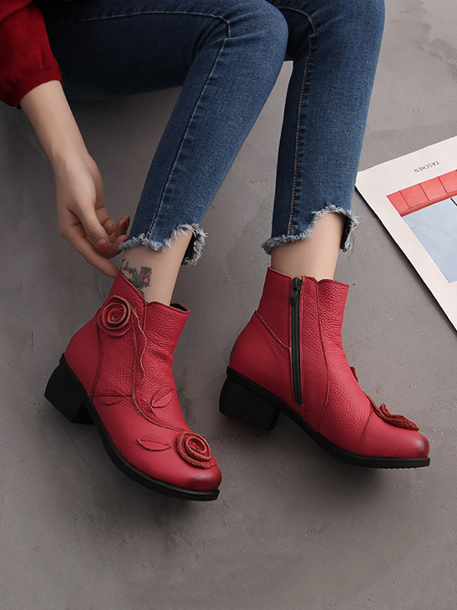Mid-Heel Leather Boots with Floral Patterns for Women