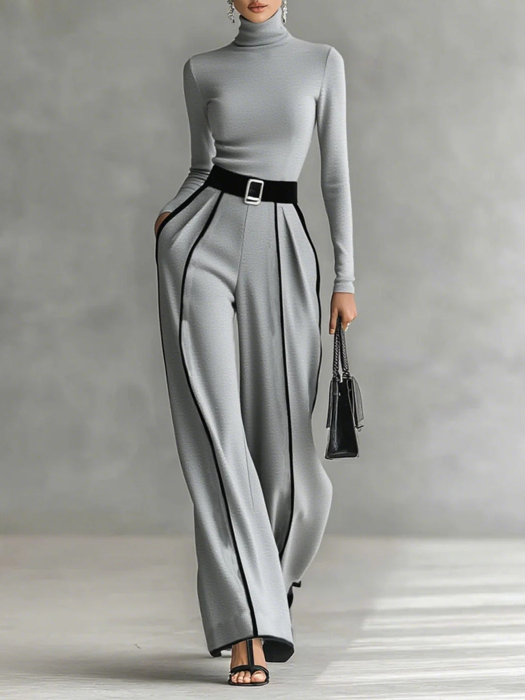Wide Leg Pants and Turtleneck Top Set for Women