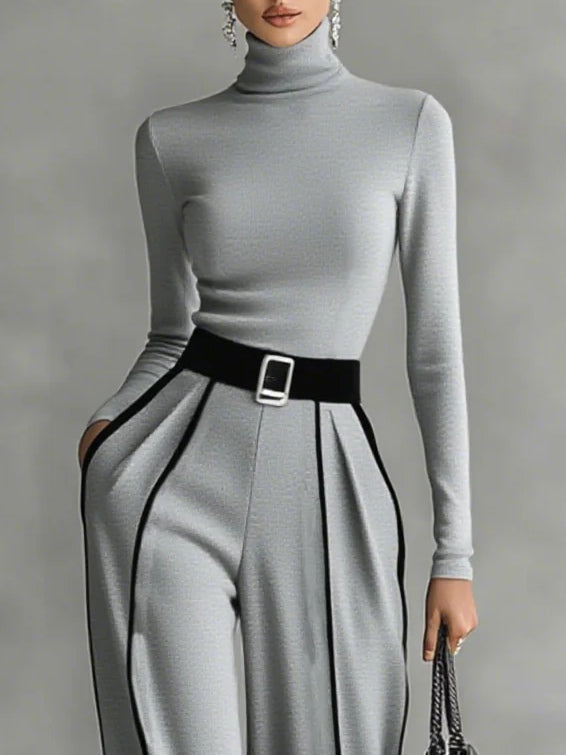 Wide Leg Pants and Turtleneck Top Set for Women