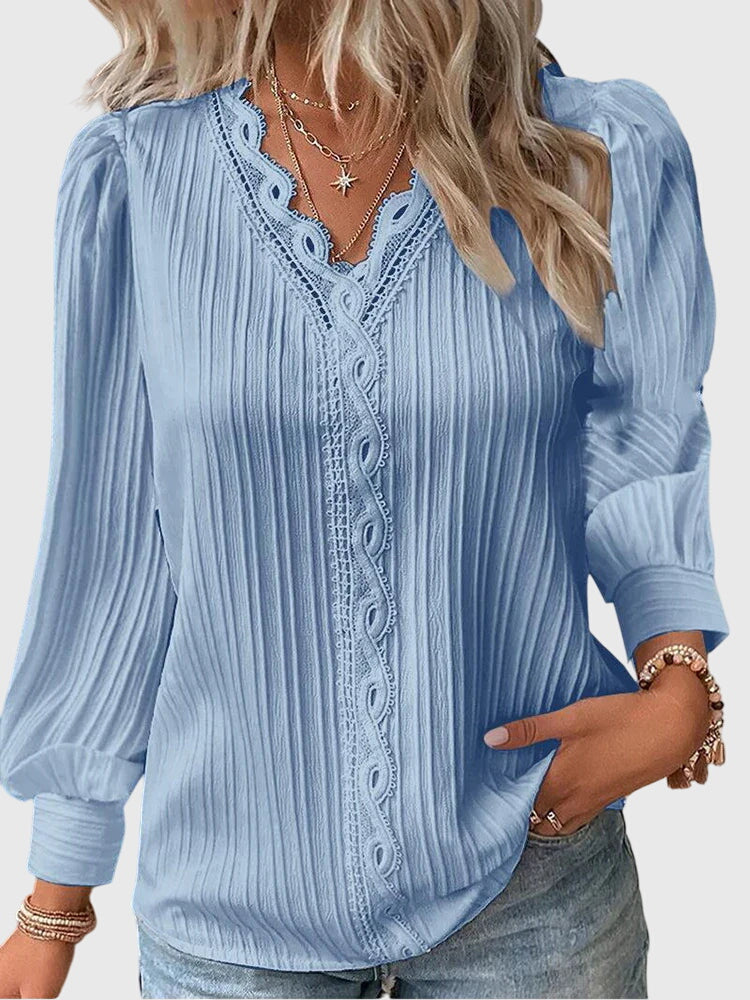 V-Neck Pullover Blouse with Lace for Women