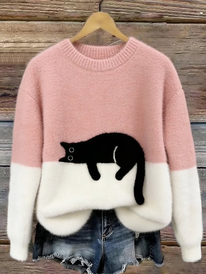 Casual sweater with cat pattern for women