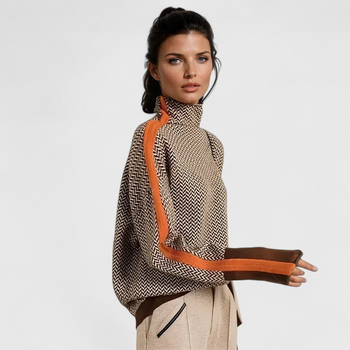 Oversized Two-Tone Jacquard Turtleneck Sweater for Women