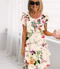 Mid-length pleated dress with ruffles and floral print for women