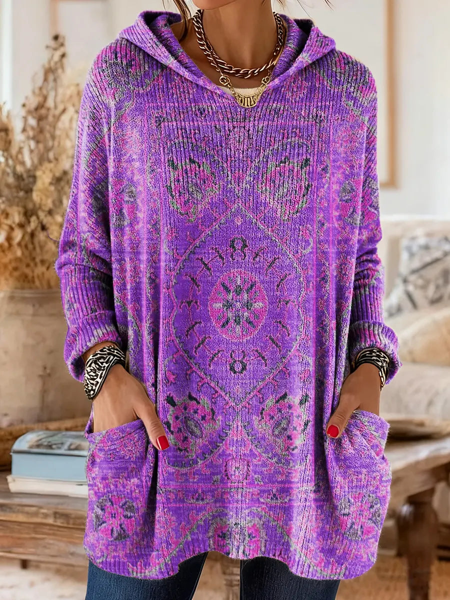 Ethnic Print Knitted Hoodie Tunic for Women