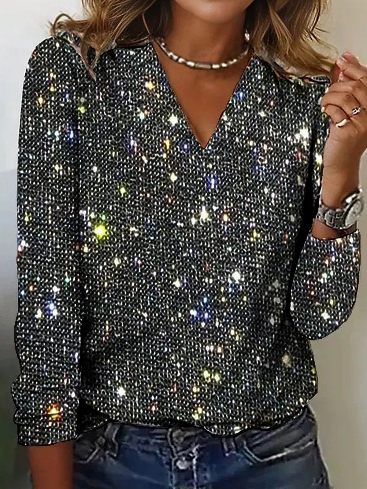 Long Sleeve Blouse with Shiny Texture for Women
