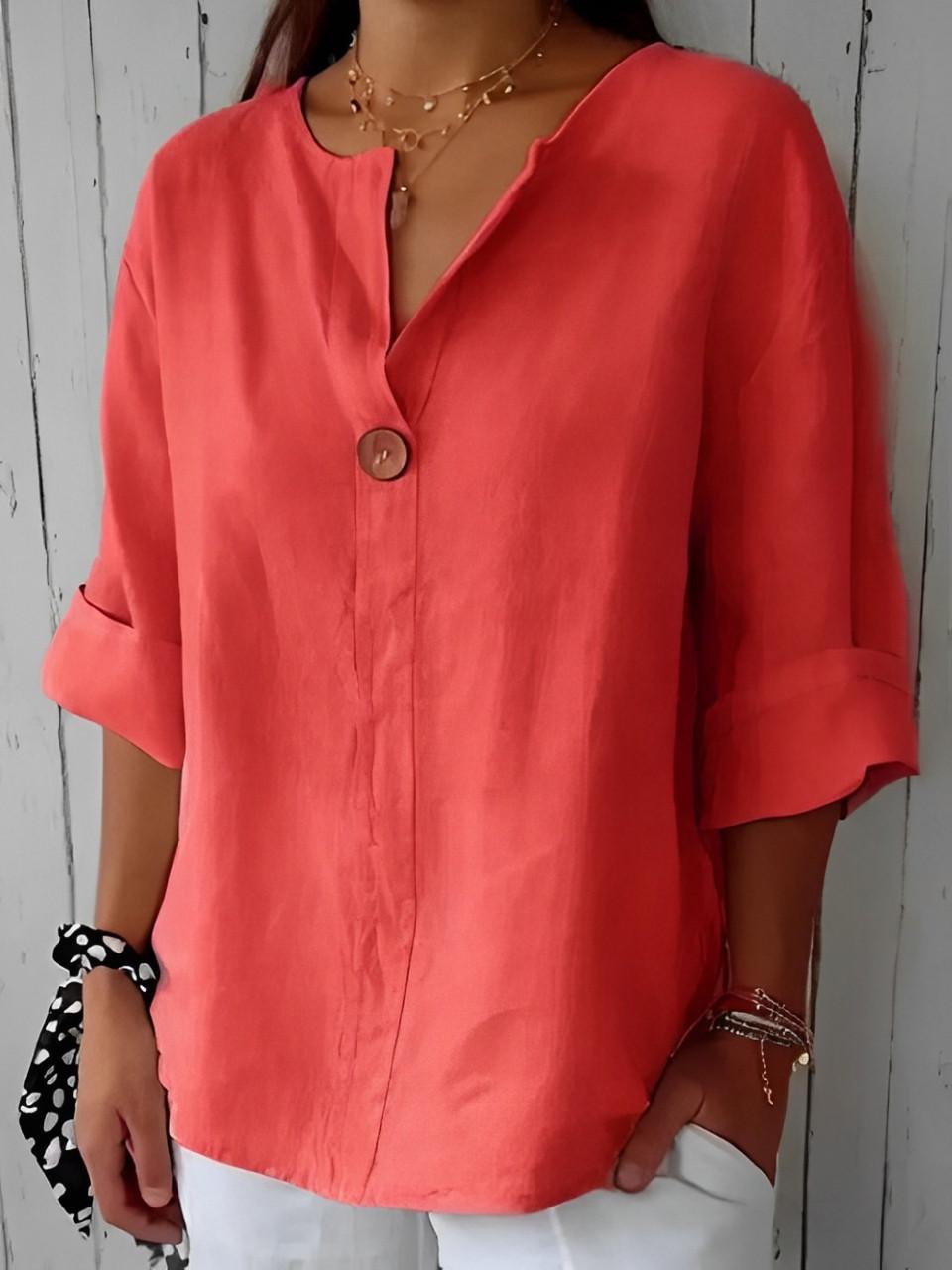 Linen V-Neck Blouse with 3/4 Sleeves for Women | Ideal for Everyday Wear